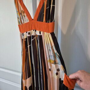 Y2K French Connection Silk Maxi Dress | Graphic Chiffon & Pockets | Size 6